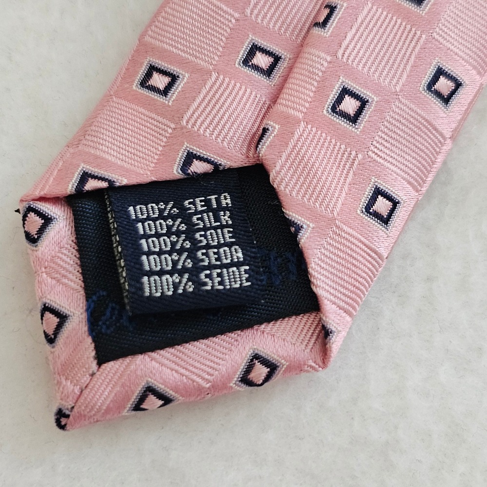 Meeting Street Mens Silk Necktie Pink Geometric Square Pattern Hand Made NWT - Picture 3 of 4